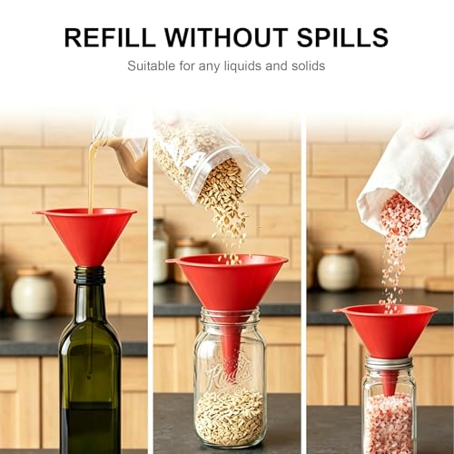 Plastic Kitchen Funnel Set of 3 with Brush – BPA Free Food Grade Funnels for Filling Canning Bottles Oil, Multifunctional for Cooking Lab Automotive, Red - color: Red