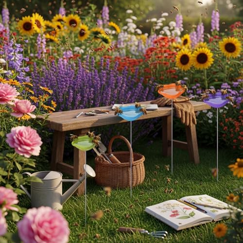 4 Pack Resin Bee Watering Station for Butterfly Garden Cups Bath Bee Feeders for Thirsty Pollinators Outdoor Garden Yard Stakes Decor Flower Design Plastic Free Attracting Glaze(Classic) - style: Classic