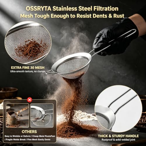 Fine Mesh Strainer Set of 3 - Stainless Steel Sieve with Handles for Kitchen, Multipurpose Metal Wire Strainers for Flour, Rice, Quinoa, Pasta, Tea, Noodles & Food (2.8", 4.7", 7")