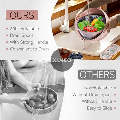 4-1 Colander with Bowl & Spoons Set - Food Strainer with New Upgraded Graters & Spoons - Colanders for kitchen(Patented) - Strainer for Fruit Pasta Veggie, Funny Presents for Women, Pink - color: Pink