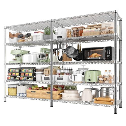 REIBII 1500LBS Storage Shelves 61.7''W Wire Shelving Unit 5 Tier Metal Shelving for Storage Rack Shelves Heavy Duty Garage Shelf Pantry Shelves Kitchen Shelving, 61.7" W*72.4" H*15.8" D, Chrome - style: Chrome-15.8" Dx61.7" Wx72.4" H-5 Tier