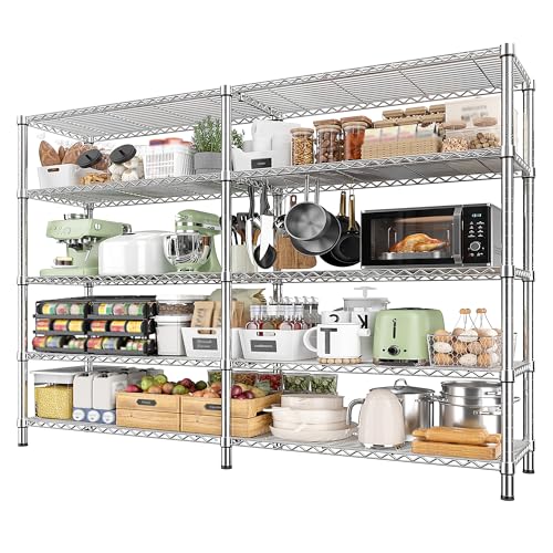 REIBII 1500LBS Storage Shelves 61.7''W Wire Shelving Unit 5 Tier Metal Shelving for Storage Rack Shelves Heavy Duty Garage Shelf Pantry Shelves Kitchen Shelving, 61.7" W*72.4" H*15.8" D, Chrome - style: Chrome-15.8" Dx61.7" Wx72.4" H-5 Tier