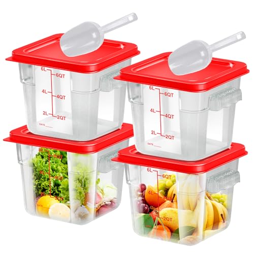 4 pcs 6qt Food Storage Containers with Lid, Square Clear Commercial Food Storage Containers with Handle and Scale for Food Storage in Home Kitchen & Dining (Red) - color: B3-6QT-4PCS-RED
