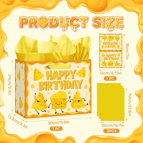 Woosytoo 재미있는 치즈 생일 선물 가방 만화 치즈 테마 생일 포장지 가방 인사말 카드 포함, 어린이 성인 마카로니 및 치즈 애호가 음식 피크닉 Bday 베이비 샤워 파티 - color: 치즈.