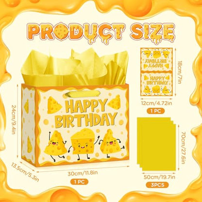 Woosytoo 재미있는 치즈 생일 선물 가방 만화 치즈 테마 생일 포장지 가방 인사말 카드 포함, 어린이 성인 마카로니 및 치즈 애호가 음식 피크닉 Bday 베이비 샤워 파티 - color: 치즈.