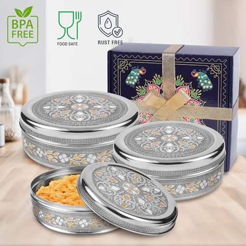 KSJONE Meenakari Designer 3PC Stainless Steel Food Storage Containers with Lids Leakproof, Meal Prep Container Airtight, Kimchi Containers Nestable, Freezer Safe (1100ml, 1700ml & 2300ml)