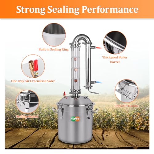 YUEWO Alcohol Still 5.8GAL/13.2GAL Stainless Steel Alcohol Distiller Home Brewing Distillery Kit with 2” Crystal Still Column for DIY Whisky Wine Brandy Gin Vodka Alcohol Making - size: CT02-13.2GAL/50L