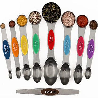 Magnetic Measuring Spoons Set of 9 Stainless Steel Stackable Dual Sided Teaspoon Tablespoon for Measuring Dry and Liquid Ingredients Fits in Spice Jars - color: Measuring Spoons
