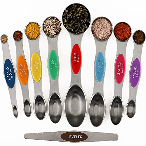 Magnetic Measuring Spoons Set of 9 Stainless Steel Stackable Dual Sided Teaspoon Tablespoon for Measuring Dry and Liquid Ingredients Fits in Spice Jars - color: Measuring Spoons