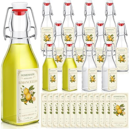 Havawish 12 Sets Limoncello Swing Top Glass Bottles for Homemade 8 oz Flip Clear Top Lemoncello Bottles with Labels Stoppers for Home Brewing Gifts Wedding Lemon Italian Summer Party Favors(Square) - style: Square