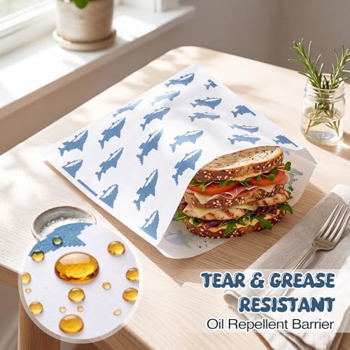 Epakh 200 Pack Paper Sandwich Bags Shark Design 8 × 8 Inch Happy Food Storage Recyclable Grease Resistant Disposable Snack Bags for Family Home Use - style: Shark