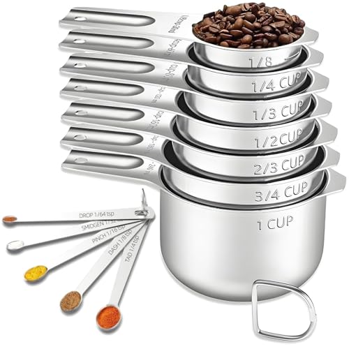 12PCS Measuring Cups and Spoons Set, 7 Stainless Steel Nesting Measuring Cups & 5 Mini Measuring Spoons for Cooking Baking, Dry and Liquid Ingredients Measurement - size: 12PCS Set