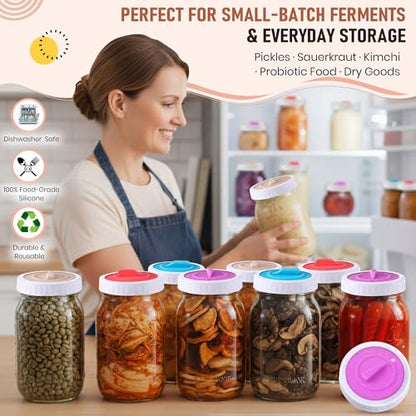 4PCS Mason Jar Fermentation Lids with 4PCS Plastic Mason Jar Rings | 4 colors, 1–31 date dial with a rotatable arrow handle, Air release, Value combo