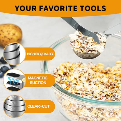 Measuring Cups and Spoons Set,304 Stainless Steel 5 Magnetic Measuring Cups and 8 Sigle Sided Measuring Spoons with 1 Leveler,Kitchen Gadgets for Cooking & Baking - color: Black-Single Side