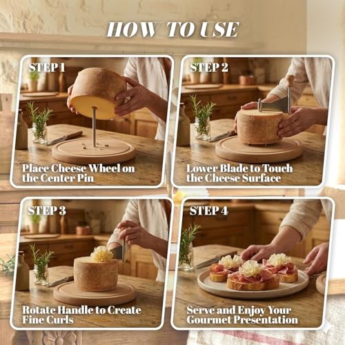 Cheese Curler, Wood Cheese Curler Wheel and Shaver Tool for Tête de Moine & Semi-Hard Cheeses, Sharp Stainless Steel Girolet Cheese Cutter for Cheese Boards, Desserts & Parties