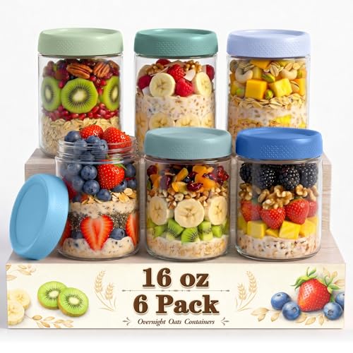 6 Pack Overnight Oats Containers with Lids, Mason Jars 16 oz with Lids, Yogurt Containers for Meal, Wide Mouth Glass Storage Jars for Pudding, Snack, Prep, Oatmeal, Sugar, Food, Chia, Seed - color: Mint Breeze
