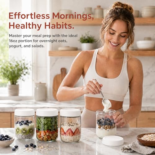 EONJOE 6-Pack 16oz Glass Jars with Lids for Food Storage Meal Prep Airtight - size: 16oz-6pack-white
