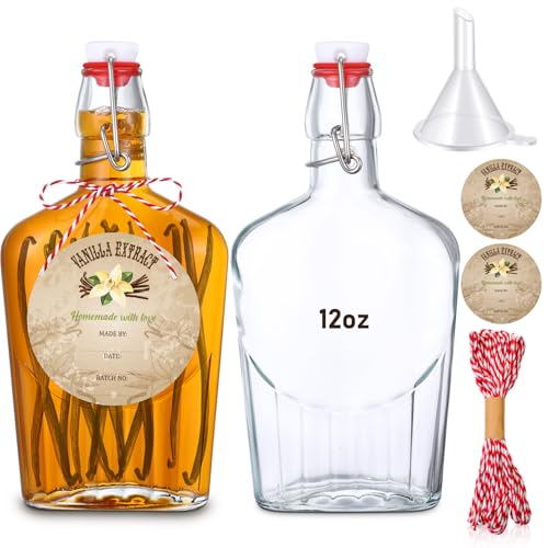 Uiifan 2 Pack 12 oz Vanilla Extract Bottles with Swing Top Flask Whiskey Pocket Clear Glass Flask for Homemade Vanilla Extract Lemon Kombucha Water Apply Christmas Wedding Gift (Clear) - color: Clear, size: 12oz