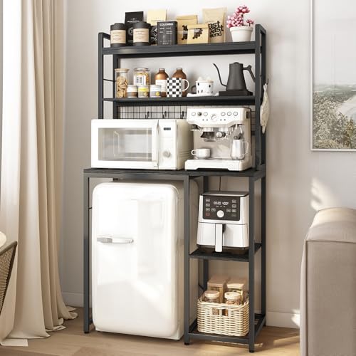 Mini Fridge Stand with Storage, Black Mini Fridge and Microwave Storage Shelf with Power Outlet, Large Bakers Rack and Storage for Kitchen Appliances, Perfect for Dorm Kitchen Coffee Bar - color: Black