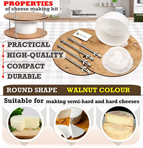 Wooden Cheese Press for Cheese Making Supplies Diameter 11 in Metal Guides Walnut and Cheese Mold with Follower Piston 1.3 Qt - Small Home Supply Ultimate Cheese Press Machine - Prensa Para Queso