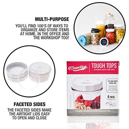Masontops Tough Tops - Ball Wide Mouth Mason Jar Lids Plastic Leakproof - BPA-Free White Plastic Mason Jar Lids - Reusable Dry Canning Lids fit Ball Jars (Ball Mason Jars not included) - color: White, size: Wide Mouth
