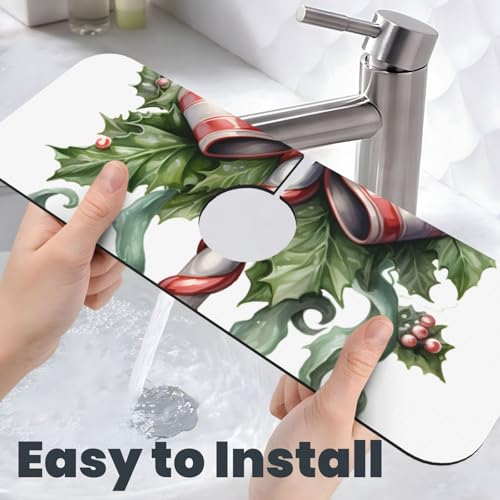 Kitchen Sink Faucet Mat Splash Guard, Christmas Candy Cane Holly Berries Super Absorbent Drying Mat, Non-Slip Drain Pad for Bathroom Counter - color: Candy Cane Holly Berries