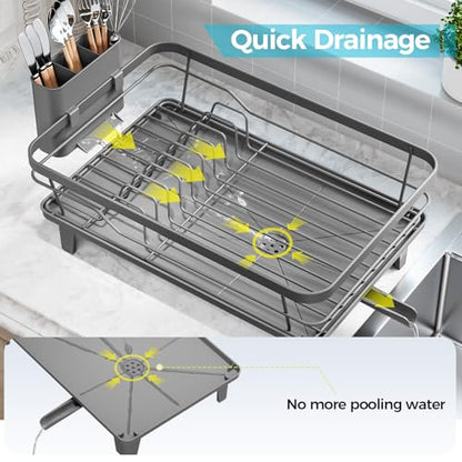 Urackify Dish Drying Rack for Kitchen Counter, Sink Dish Rack with Drainboard 12.2" W x 16.5" L, Large Dish Drainer with Cutlery Holder, Home Countertop Plate Dryer Storage Rack, Gray - color: Gray