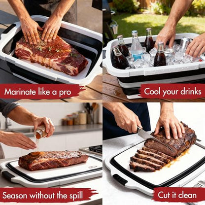 KITCHEN PERFECTION Collapsible XL Smoker & BBQ Prep Tub with Locking Lid & Cutting Board - Grill Caddy Container for Meat Marinating & Brine Perfect For Brisket, Turkey & Ribs - Best Gift For Men - color: Black