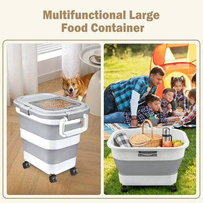 Komzon Rice Storage Container, Collapsible Airtight Food Storage Containers 20-30 Lbs, Rice Dispenser Bin with Cup and Scoop for Flour Cereal Pasta Grain, Cat Bird Pet Dog Food Storage Container - size: 20-30 Lbs