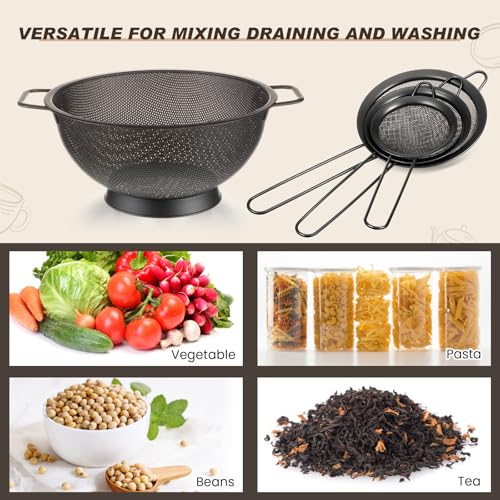 Norme 4 Quart Stainless Steel Black Colander and 3 Pcs Black Fine Mesh Strainer, Stainless Steel Pasta Rice Food Metal Strainer with Handles, Easy Clean and Dishwasher Safe - color: Black, size: 4 Quart