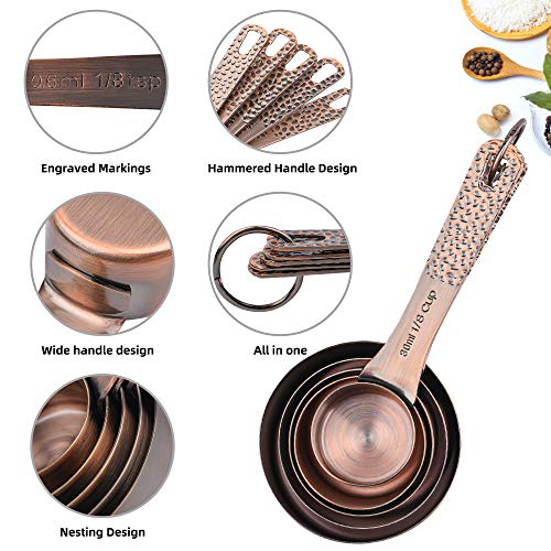 Measuring Cups and Spoons Set 14, Copper Measuring Cups and Spoons Set for Dry & Liquid, Metric & US Stainless Steel 6 Measure Cups and 7 Spoons Set w/Leveler for Kitchen & Baking - color: Copper