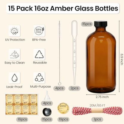 TBWIND 15 Pack 16oz Amber Glass Boston Round Bottles with Airtight Caps | Designed for Homemade Vanilla Extract, Kombucha, Syrups, Herbal Liquids & Tinctures with Droppers, Labels & Funnels - size: 16oz