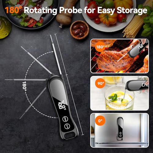 Meat Thermometer Digital 1 Second Instant Read Food Thermometer for Cooking Grilling, Candy, Fry, BBQ, Turkey, IP67 Waterproof 180° Folding Probe Large Backlit Display Thermometer