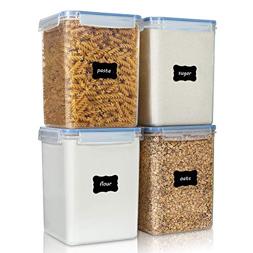 Vtopmart Large Food Storage Containers 5.2L / 175oz, 4 Pieces BPA Free Plastic Airtight Canisters for Flour, Sugar, Baking Supplies, Rice with Lids, 4 Measuring Cups and 24 Labels, Blue - color: Blue, size: 5.2L
