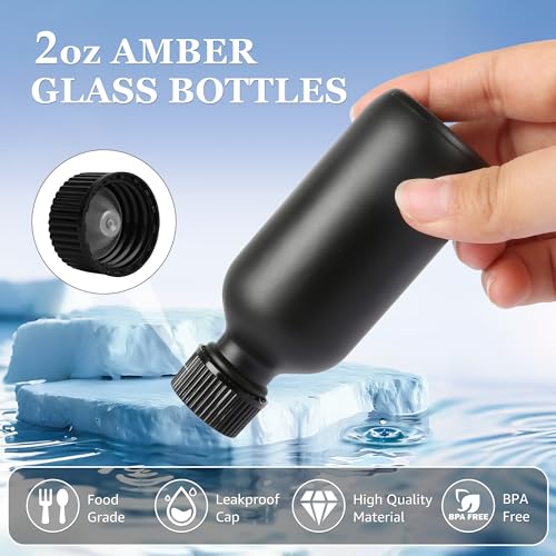 ZBCCCEOB 2 oz Small Glass Bottles with Lids, Boston Round Shot Bottles for Ginger Juice, Essential Oils - Leak Proof Mini Travel Containers(Black Frosted, 24Pack) - color: Black Frosted, size: 2oz 24