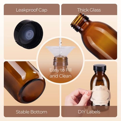 6 Pack 4 oz Amber Glass Bottle with Lids, Small Glass Vanilla Extract Bottles for Homemade Vanilla Extract, Essential Oils, Juice, Potion, Syrup, Christmas, Holiday Gift