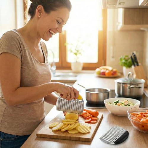 2 Pcs Stainless Steel Crinkle Chopper & French Fry Cutter Heavy Duty Wavy Potato Slicer for Vegetables Fruits Cheese Kitchen Gadget Vegetable Chopping Tool (Black & Yellow) - color: Black & Yellow