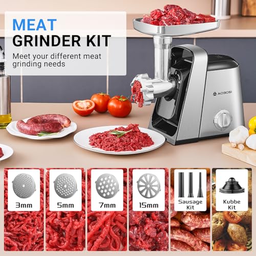 AAOBOSI #8 Meat Grinder, 6-In-1 Meat Grinder Electric [3000W Max] with 4 Slice, Shred Blades,2 Grinding Blades,4 Plates, 3 Sausage Stuffer,Kubbe Kit, Burger Press, 2 Meat Claws, for Home Kitchen Use - color: Stainless Steel+Sliver