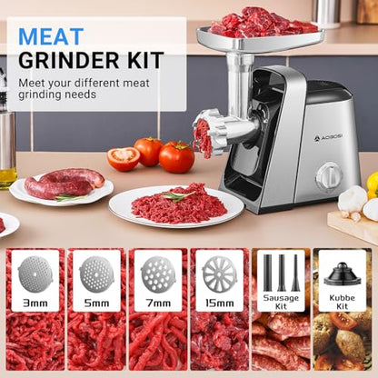 AAOBOSI #8 Meat Grinder, 6-In-1 Meat Grinder Electric [3000W Max] with 4 Slice, Shred Blades,2 Grinding Blades,4 Plates, 3 Sausage Stuffer,Kubbe Kit, Burger Press, 2 Meat Claws, for Home Kitchen Use - color: Stainless Steel+Sliver