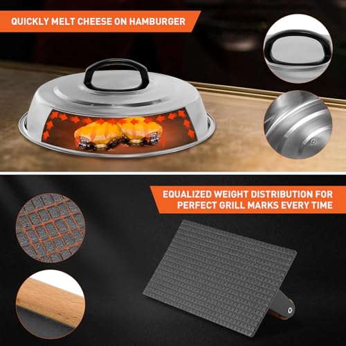 BBQ Accessories 12 Inch Round Stainless Steel Basting Cover - Cheese Melting Dome Rectangle Cast Iron Grill Press Kit for Hamburger Bacon Steak, Best for Blackstone Camp Chef Flat Top Griddle Grill - color: Rectangle Press