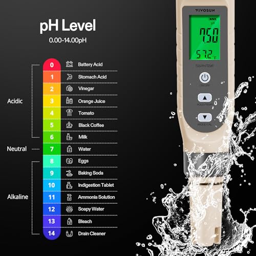 VIVOSUN 3-in-1 Digital pH Meter with ATC, ±0.1 pH Accuracy Water Quality Tester, 0-14.0 pH Measurement Range for Hydroponics, Household Drinking, Pool and Aquarium - color: Gray
