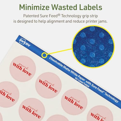 Avery Dissolvable Round Labels, Sure Feed Technology, 1-5/8" Diameter, Matte White, Print-to-The-Edge, Laser/Inkjet Printable, 200 Labels Total - style: 200 labels