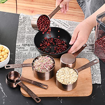 Copper Measuring Cups and Spoons Set 14, Stainless Steel Measuring Cups and Spoons set, Metal 6 Measure Cup and 7 Measure Spoon with 1 Leveler for Kitchen & Baking - color: Copper, size: A: Set of 14