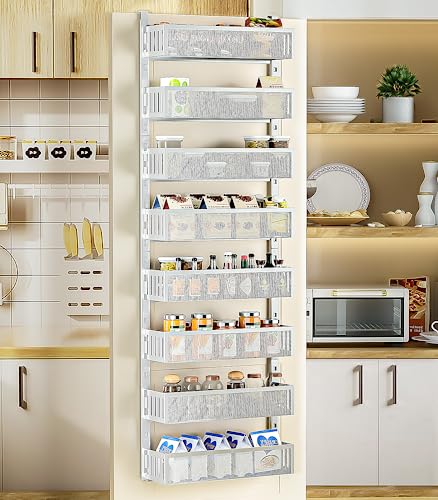 8-Tier Over The Door Pantry Organizer with Mesh Baskets, Adjustable & Stable Hanging Spice Rack for Kitchen, Bathroom, Bedroom, and Baby Essentials Storage (16" W 8-Tiers, White) - color: 8tiers-white-metal
