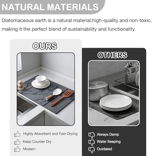 Large Stone Dish Drying Mat for Kitchen Counter,Collapsable Stone Dish Drying Mat with Diatomaceous Earth for Quick Drying-Ultra Absorbent-Eco-Friendly,Foldable -23.6"×15.7" Dark Gray Marble Pattern - color: L22-Dark Grey