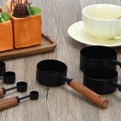 Black Measuring Cups and Spoons Set, Measuring Spoons and Measuring Cup Set for Cooking & Baking with Wood Handle - color: Black
