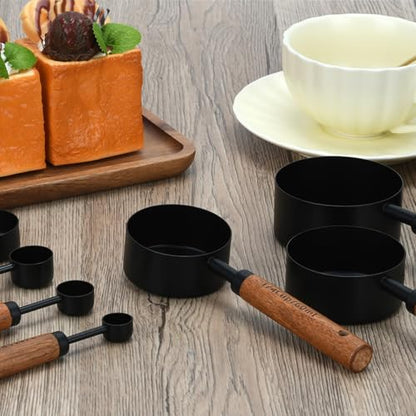 Black Measuring Cups and Spoons Set, Measuring Spoons and Measuring Cup Set for Cooking & Baking with Wood Handle - color: Black