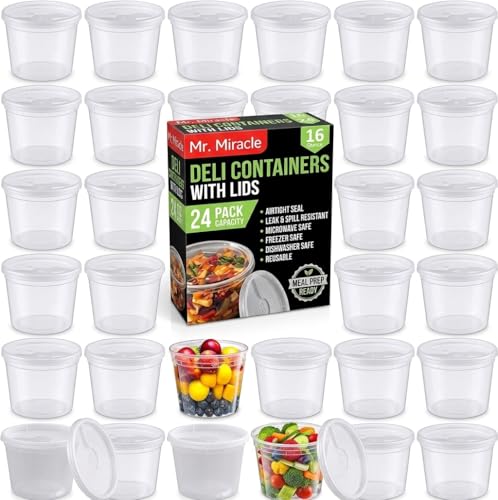Mr Miracle Deli Containers with Lids - 24 Pack of 16 oz Clear Airtight Reusable Plastic Food and Multi-Purpose Containers - Microwave, Freezer, and Dishwasher Safe - color: 24 Pack, size: 16 Ounce