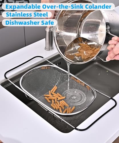 Over The Sink Colander, Stainless Steel Expandable Strainer Basket, Extendable Handles, Dishwasher Safe for Pasta Vegetables Fruits