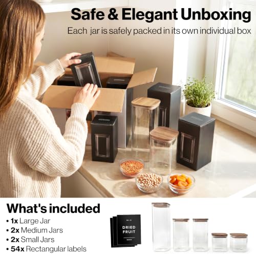 EDELHAUS Glass Storage Containers with Acacia Lids and Labels - Set of 5 | Extra Thick Square Glass Canisters with Acacia Wood Lids and 54 Pre-printed Pantry Labels keeps dry Goods Fresh and Organized